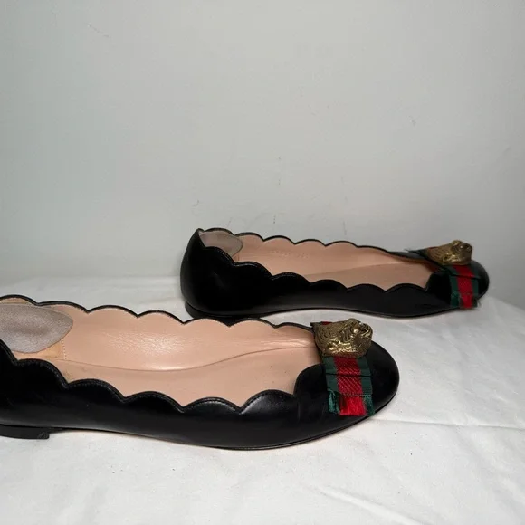 Gucci Sylvie Web & Feline Scalloped Ballet Flats 36.5 navy blue - Picture 4 of 7